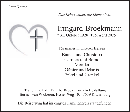 Traueranzeige von Irmgard Broekmann von NNA