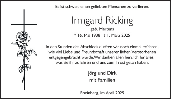 Traueranzeige von Irmgard Ricking von NNA