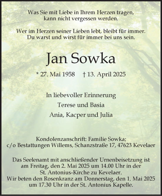 Traueranzeige von Jan Sowka von NNA