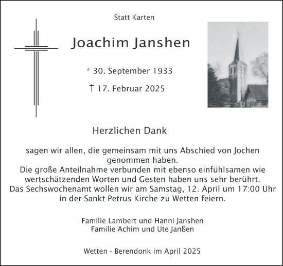 Traueranzeige von Joachim Janshen von NNA