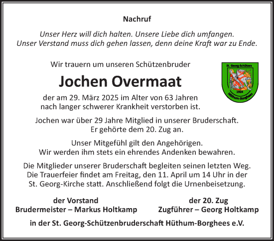 Traueranzeige von Jochen Overmaat von NNA