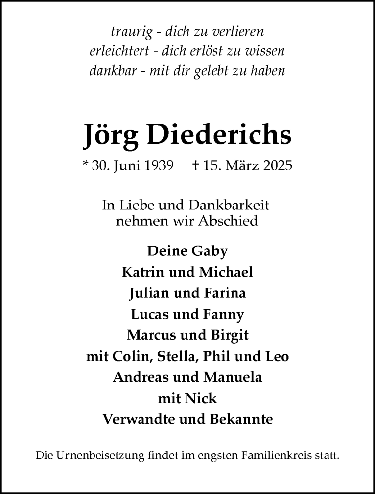  Traueranzeige für Jörg Diederichs vom 29.03.2025 aus NNA