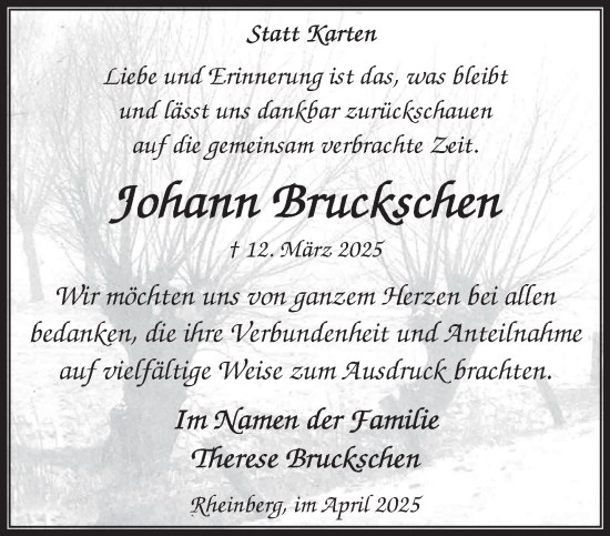 Traueranzeige von Johann Bruckschen von NNA