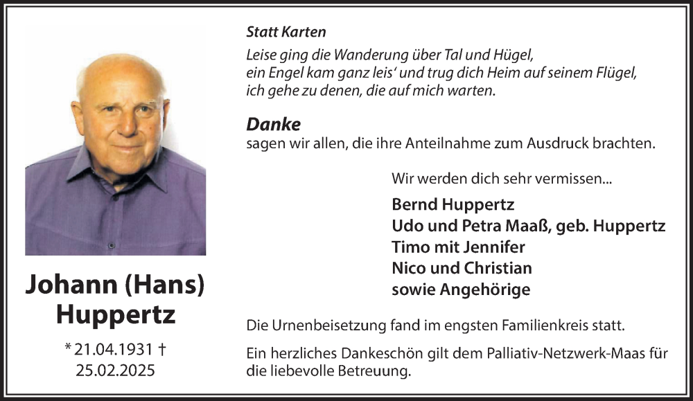  Traueranzeige für Johann Huppertz vom 29.03.2025 aus NNA