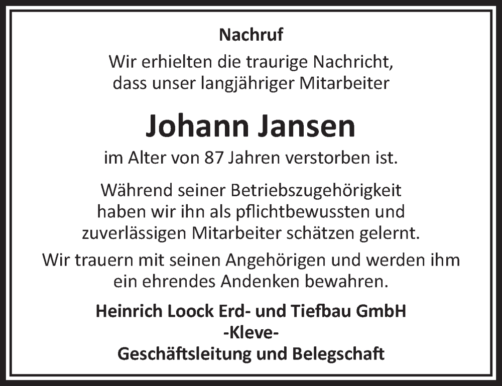  Traueranzeige für Johann Jansen vom 26.04.2025 aus NNA