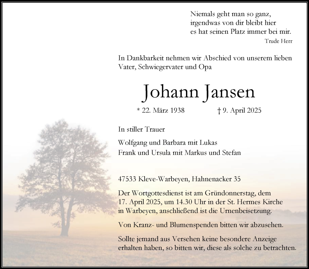  Traueranzeige für Johann Jansen vom 16.04.2025 aus NNA