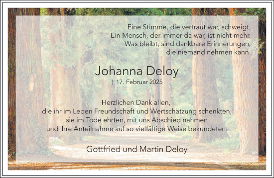 Traueranzeige von Johanna Deloy von NNA