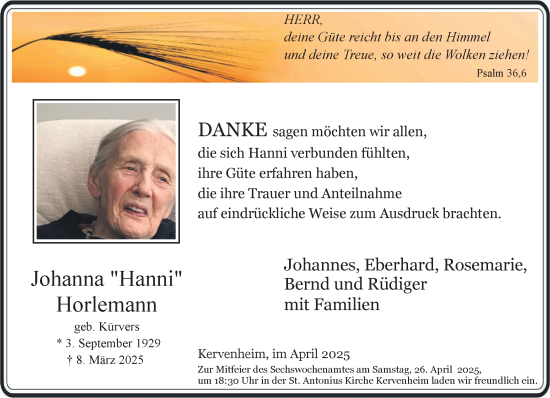 Traueranzeige von Johanna Horlemann von NNA