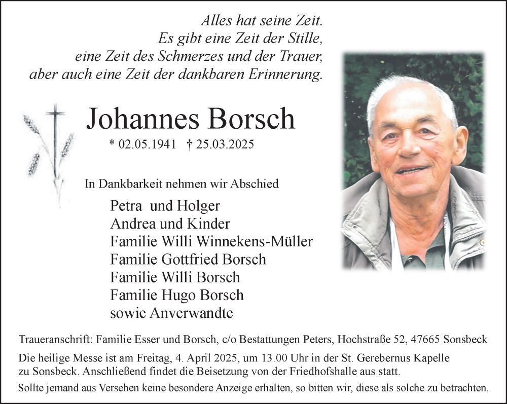  Traueranzeige für Johannes Borsch vom 29.03.2025 aus NNA