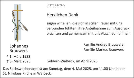 Traueranzeige von Johannes Brauwers von NNA