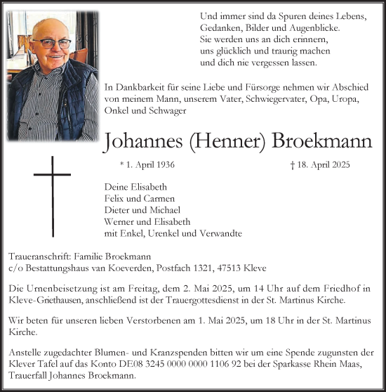 Traueranzeige von Johannes Broekmann von NNA