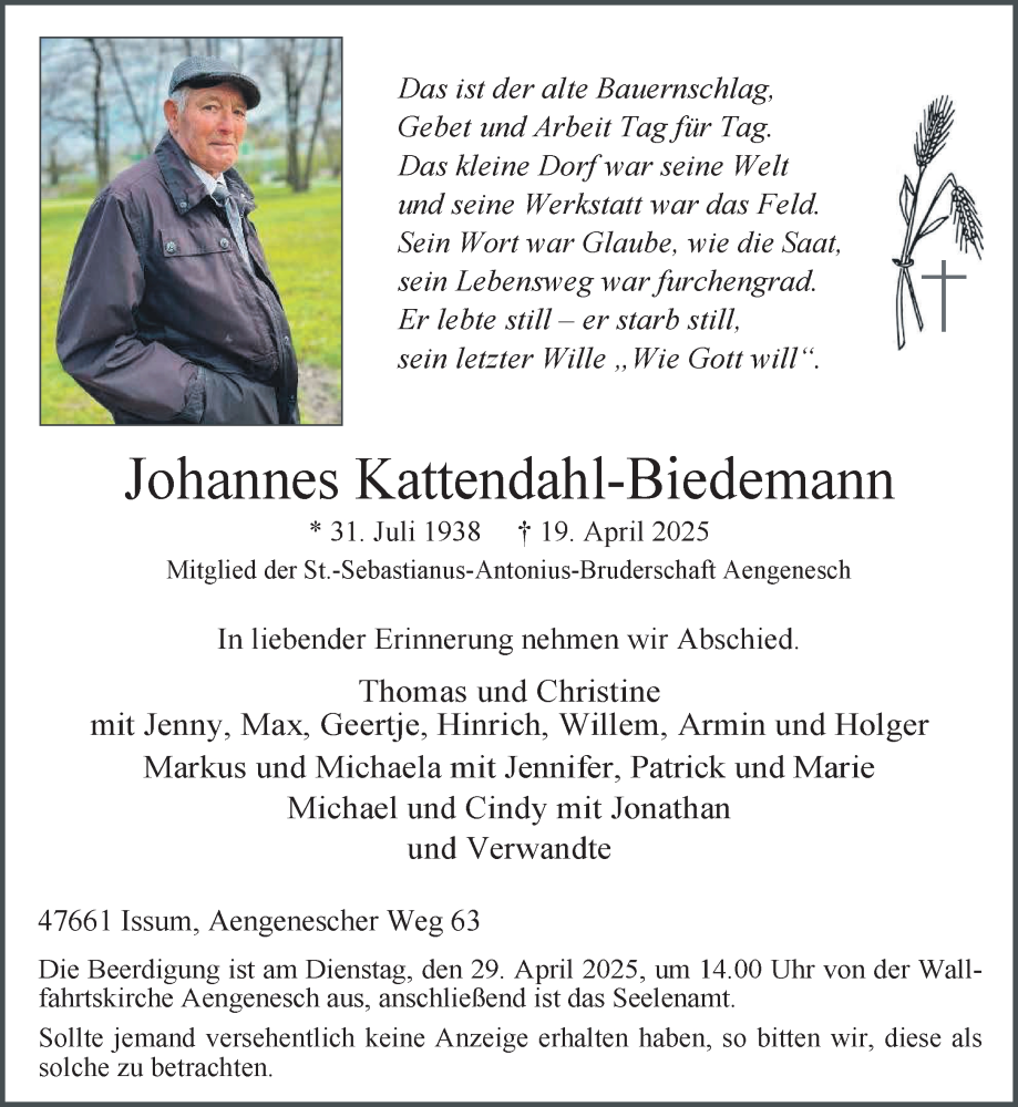  Traueranzeige für Johannes Kattendahl-Biedemann vom 26.04.2025 aus NNA