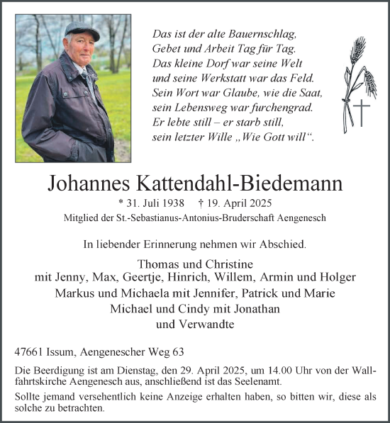 Traueranzeige von Johannes Kattendahl-Biedemann von NNA