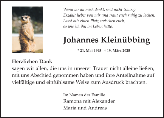 Traueranzeige von Johannes Kleinübbing von NNA