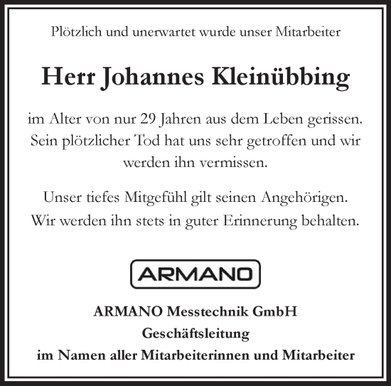 Traueranzeige von Johannes Kleinübbing von NNA