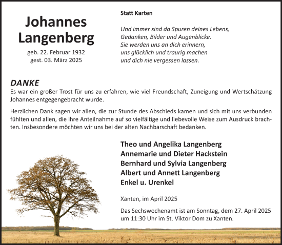 Traueranzeige von Johannes Langenberg von NNA