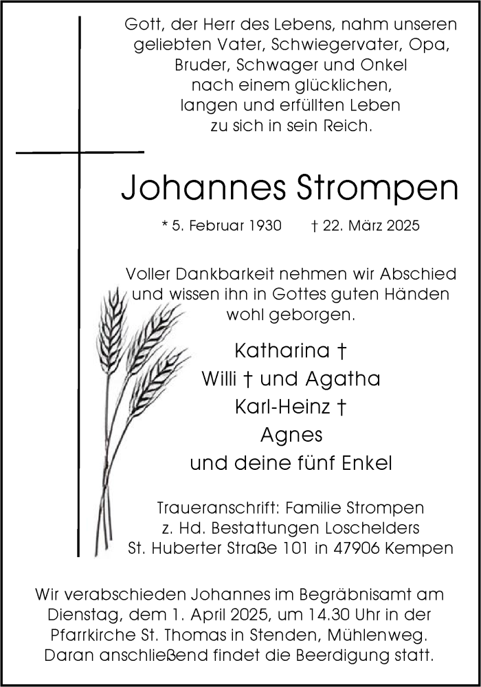  Traueranzeige für Johannes Strompen vom 29.03.2025 aus NNA