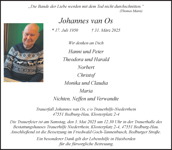 Traueranzeige von Johannes van Os von NNA