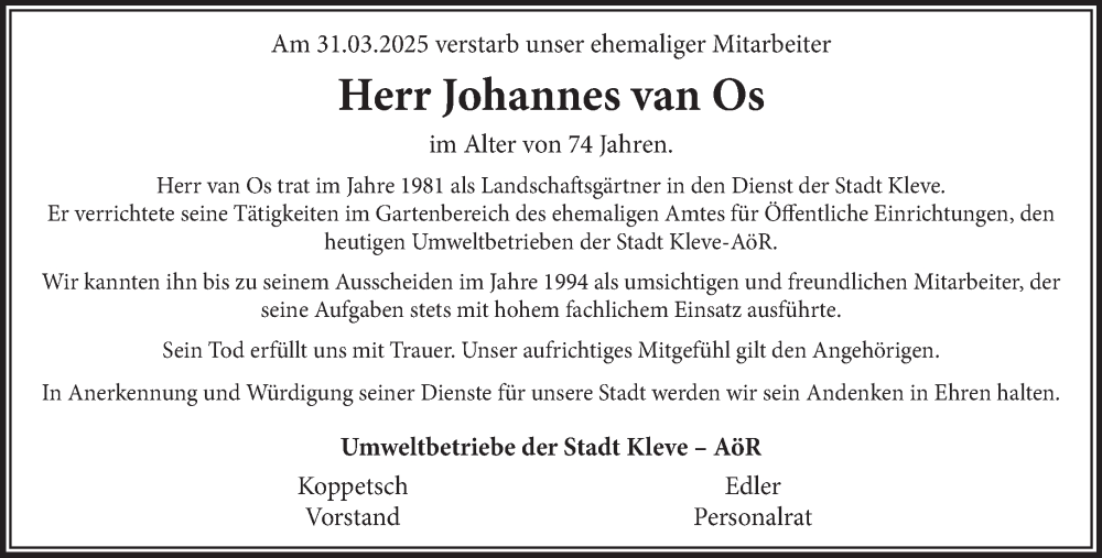  Traueranzeige für Johannes van Os vom 23.04.2025 aus NNA