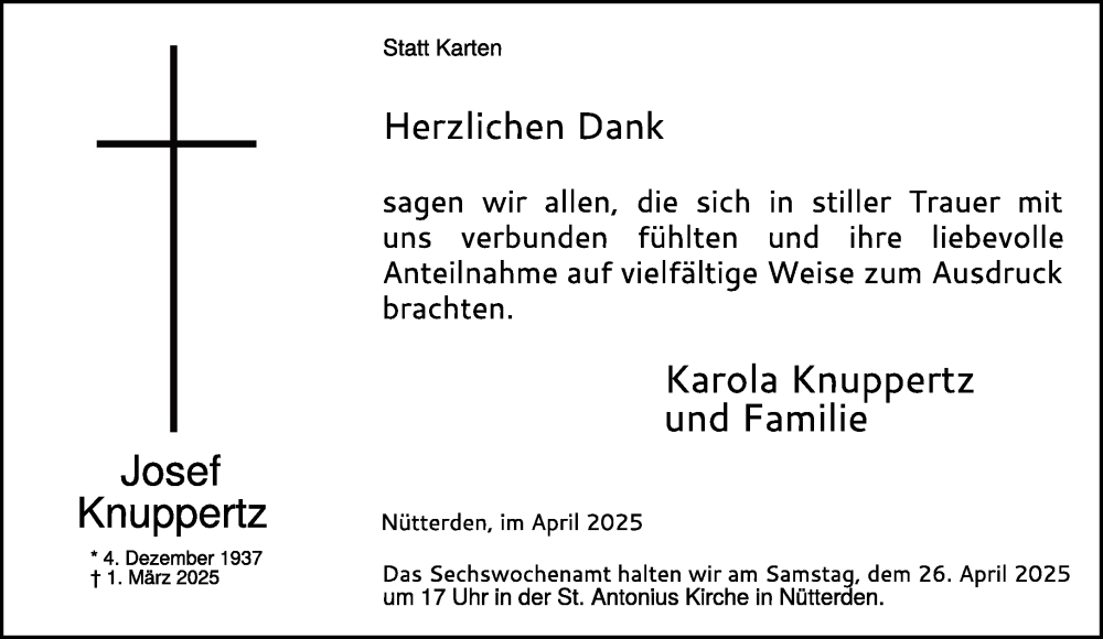  Traueranzeige für Josef Knuppertz vom 19.04.2025 aus NNA
