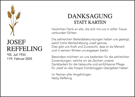 Traueranzeige von Josef Reffeling von NNA