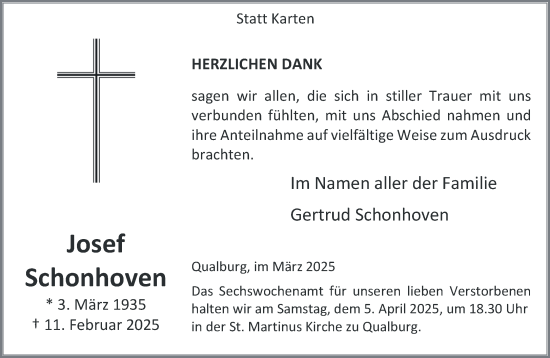 Traueranzeige von Josef Schonhoven von NNA