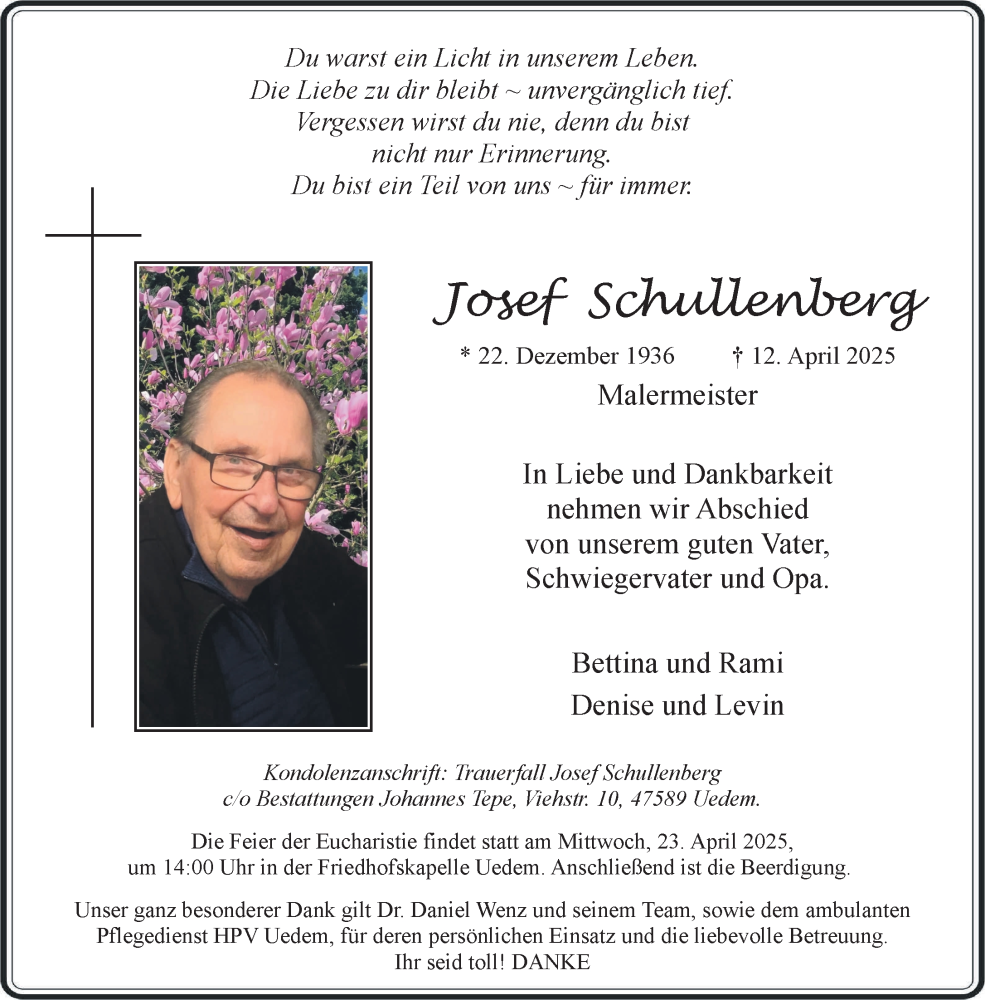  Traueranzeige für Josef Schullenberg vom 19.04.2025 aus NNA
