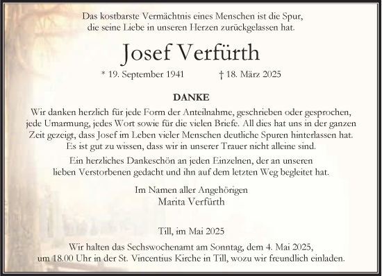 Traueranzeige von Josef Verfürth von NNA