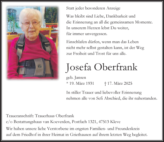 Traueranzeige von Josefa Oberfrank von NNA