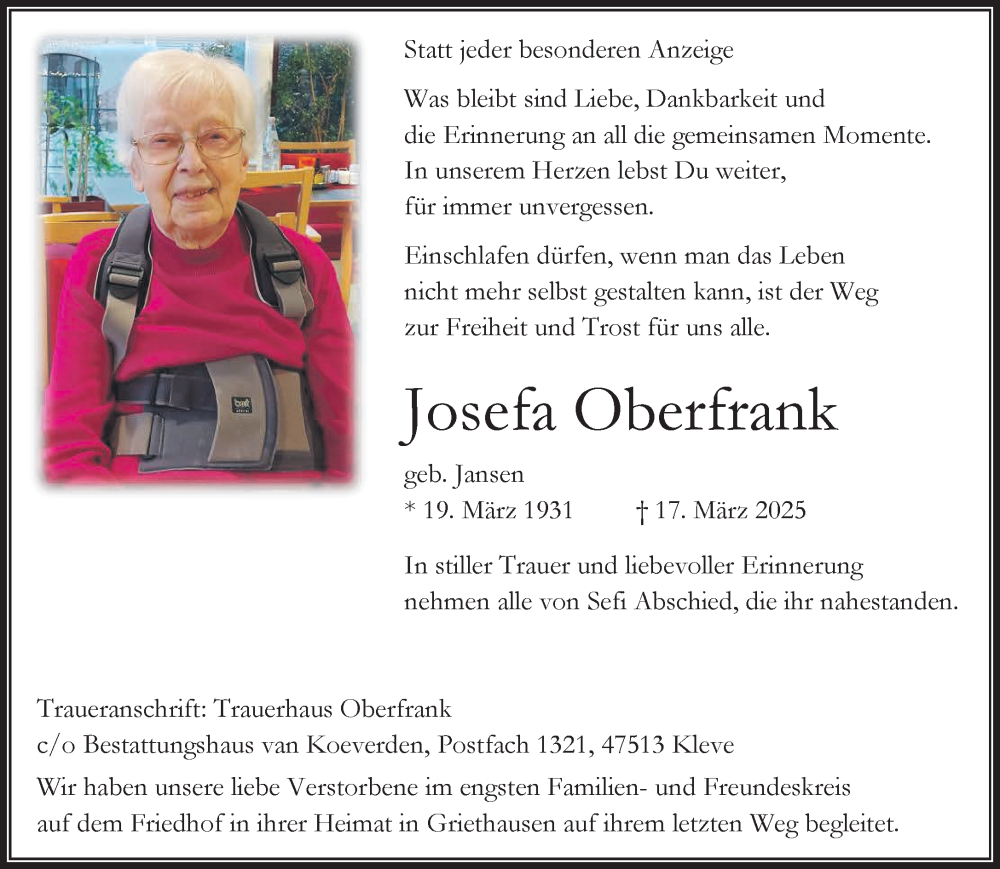  Traueranzeige für Josefa Oberfrank vom 29.03.2025 aus NNA