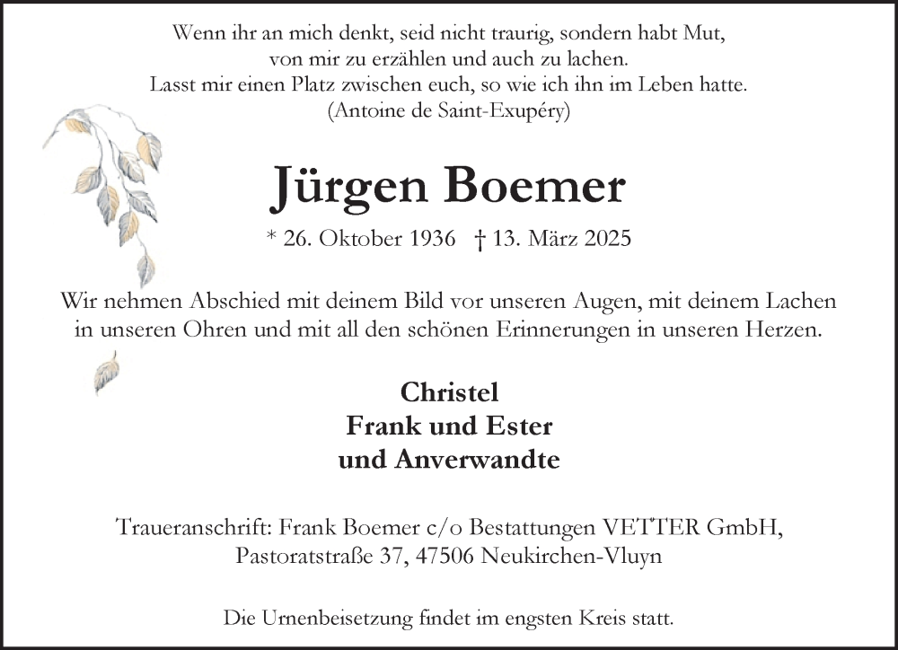  Traueranzeige für Jürgen Boemer vom 29.03.2025 aus NNA