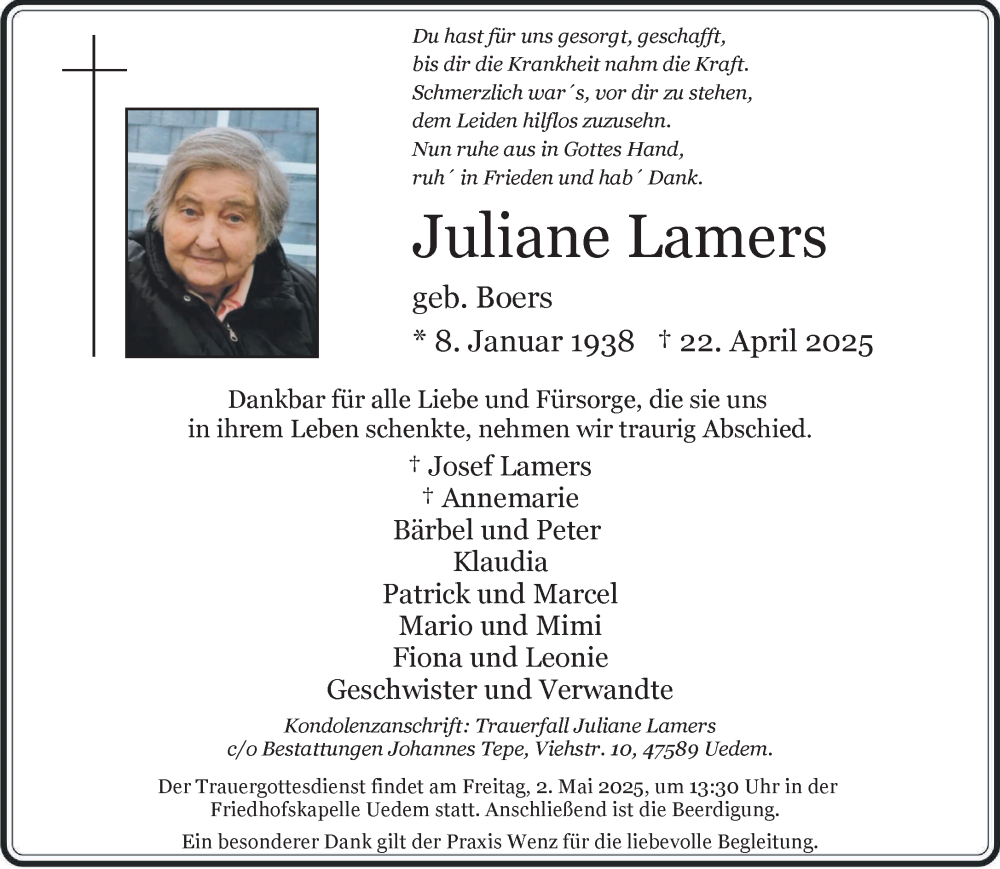  Traueranzeige für Juliane Lamers vom 26.04.2025 aus NNA