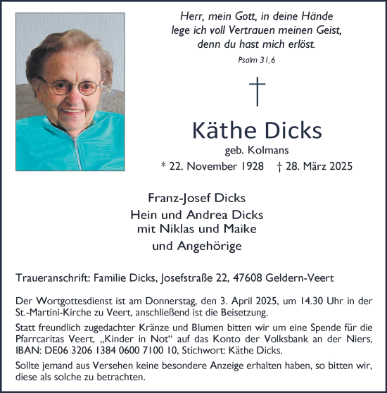 Traueranzeige von Käthe Dicks von NNA