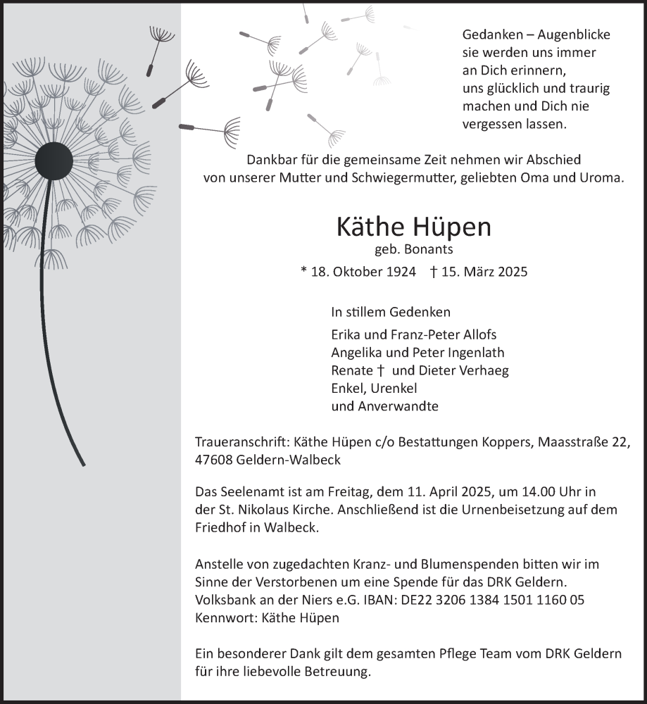  Traueranzeige für Käthe Hüpen vom 05.04.2025 aus NNA