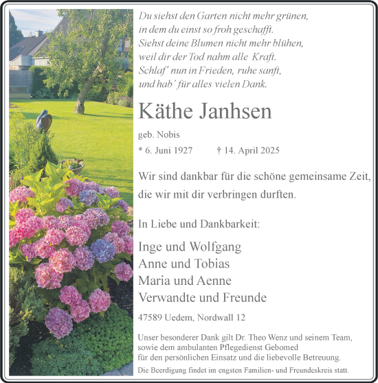 Traueranzeige von Käthe Janhsen von NNA
