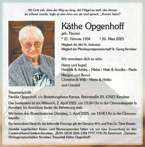 Traueranzeige von Käthe Opgenhoff von NNA