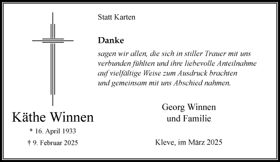 Traueranzeige von Käthe Winnen von NNA