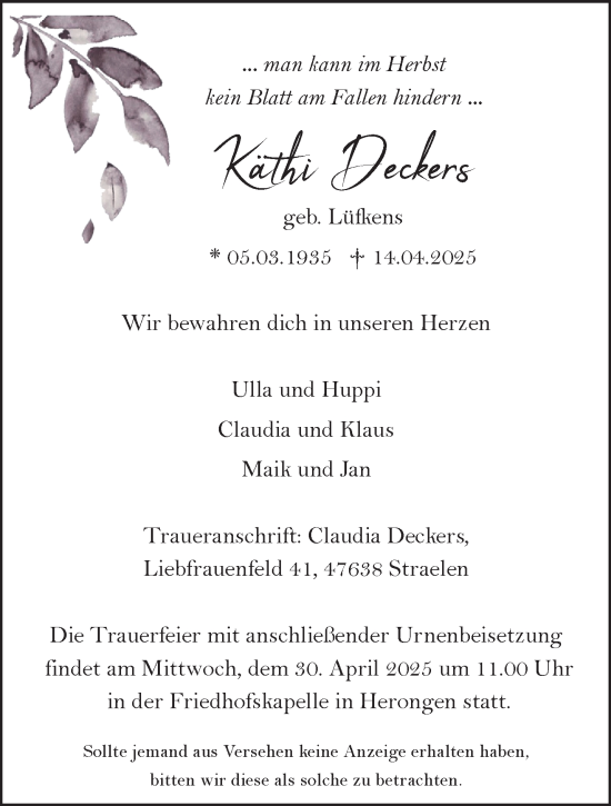 Traueranzeige von Käthi Deckers von NNA