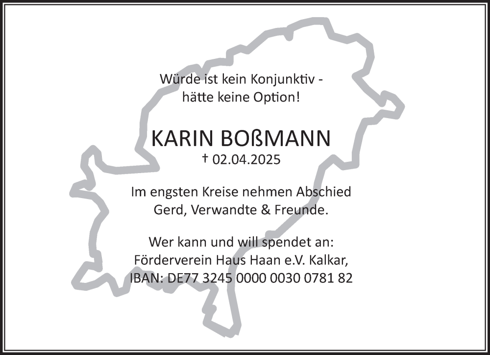  Traueranzeige für Karin Boßmann vom 19.04.2025 aus NNA