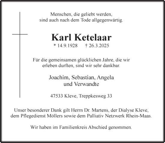 Traueranzeige von Karl Ketelaar von NNA