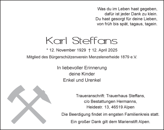 Traueranzeige von Karl Steffans von NNA