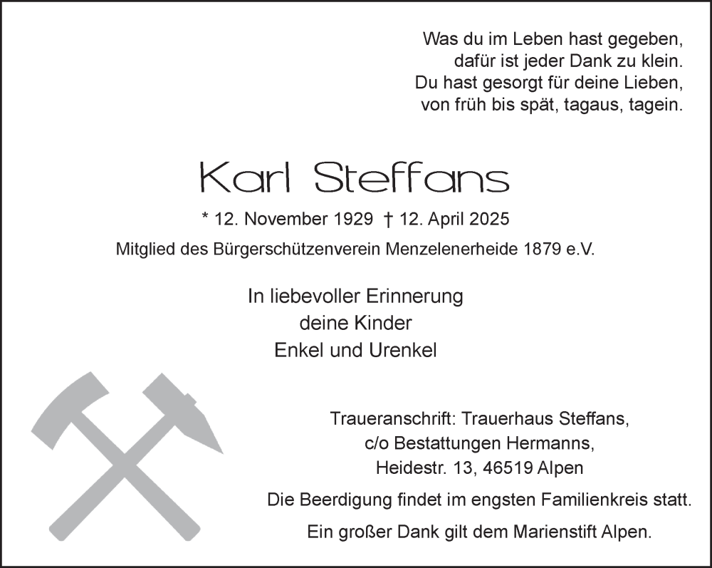  Traueranzeige für Karl Steffans vom 16.04.2025 aus NNA