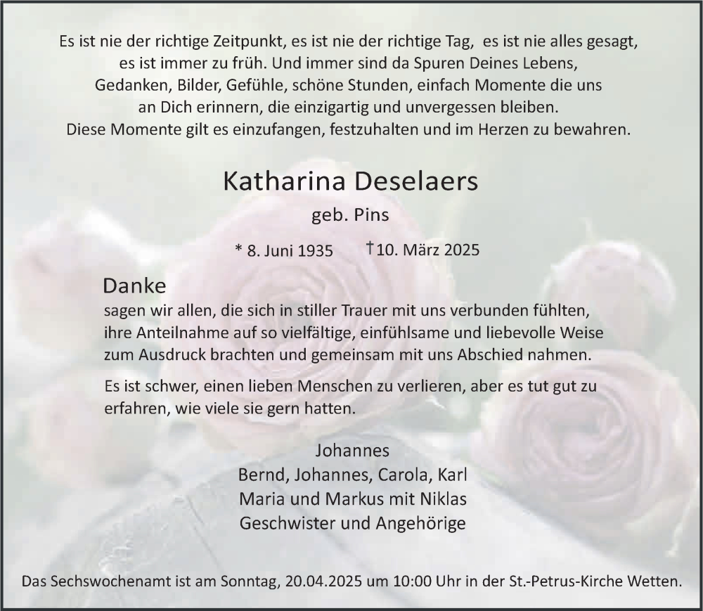  Traueranzeige für Katharina Deselaers vom 12.04.2025 aus NNA