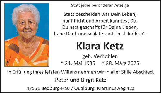 Traueranzeige von Klara Ketz von NNA