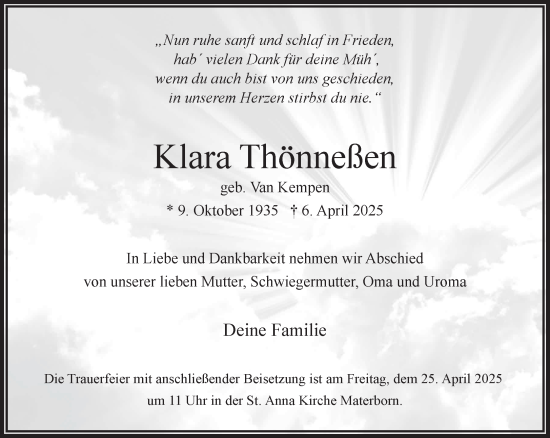 Traueranzeige von Klara Thönneßen von NNA