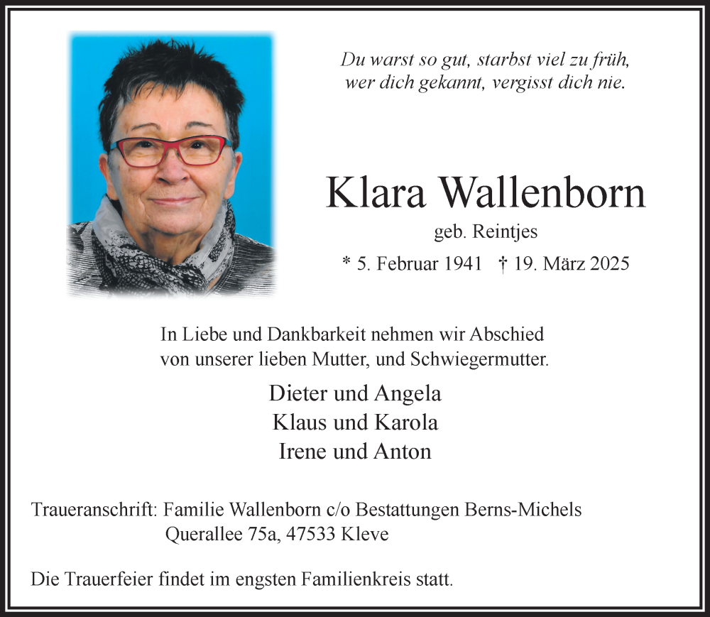  Traueranzeige für Klara Wallenborn vom 29.03.2025 aus NNA