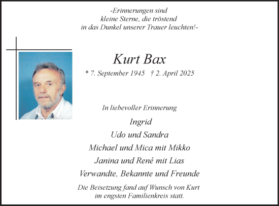 Traueranzeige von Kurt Bax von NNA
