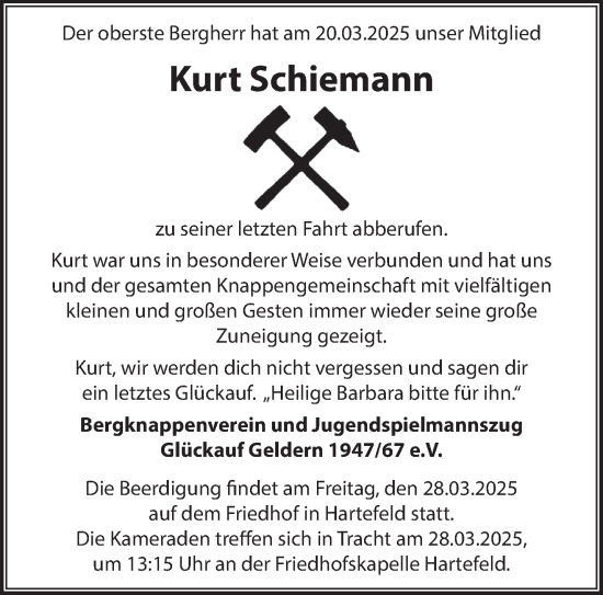 Traueranzeige von Kurt Schiemann von NNA