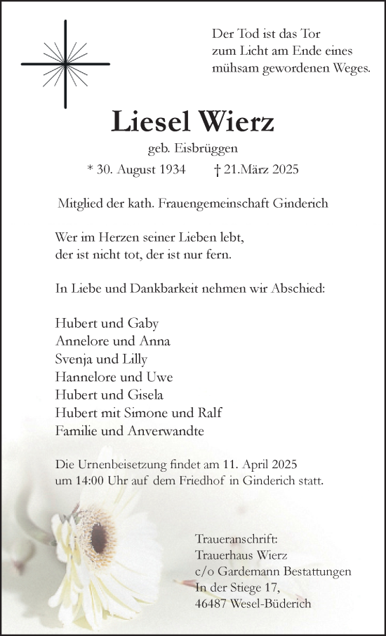 Traueranzeige von Liesel Wierz von NNA