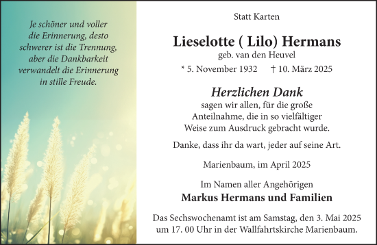 Traueranzeige von Lieselotte Hermans von NNA